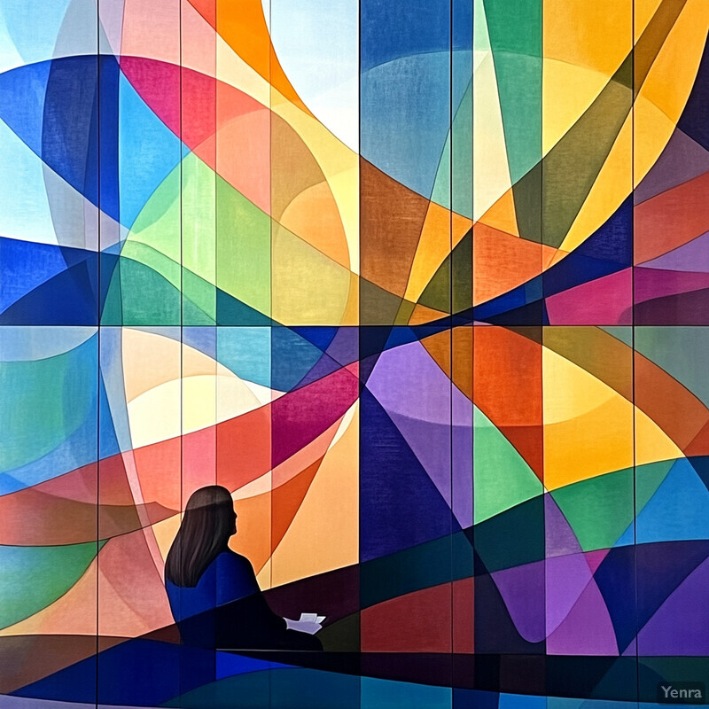 A woman sitting at a desk in front of a colorful mural