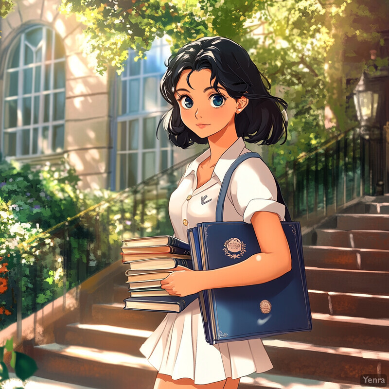 A young woman stands on the steps of a library in the morning light, holding books and a tote bag.