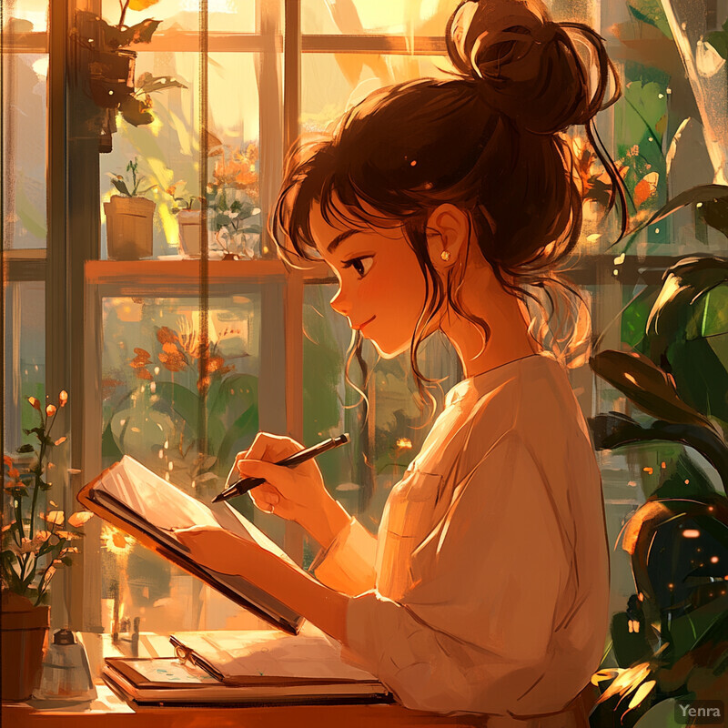 A serene scene of a woman writing or drawing in a cozy setting surrounded by greenery and natural light.