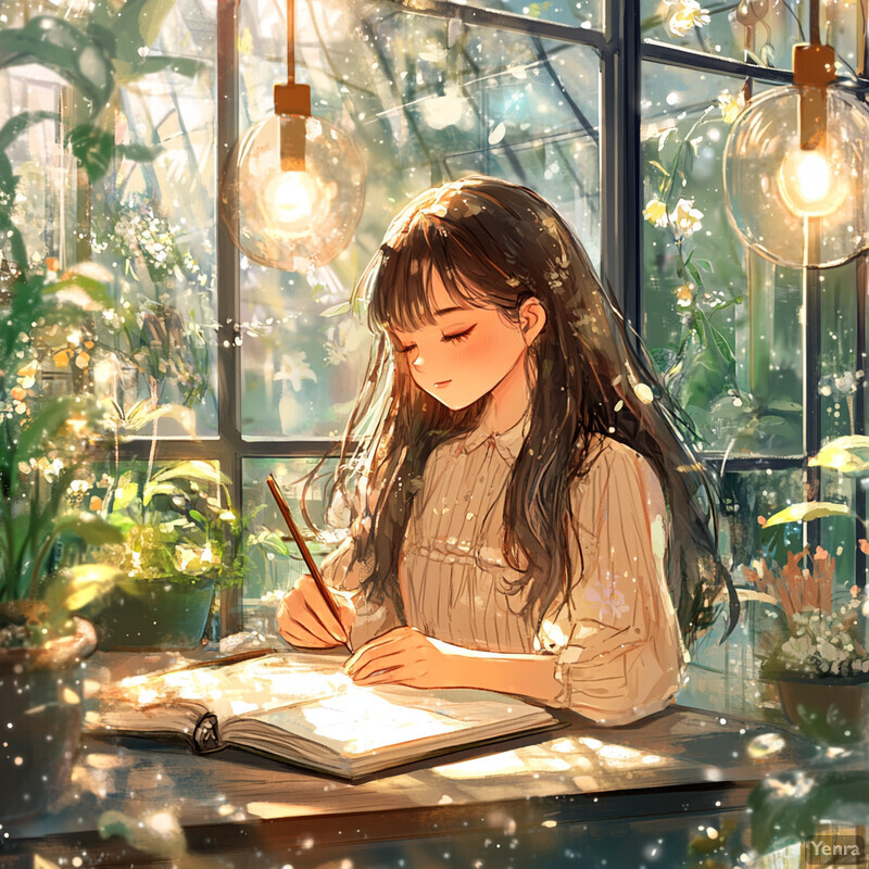 A young girl sits at a desk surrounded by plants, writing or drawing in a notebook.