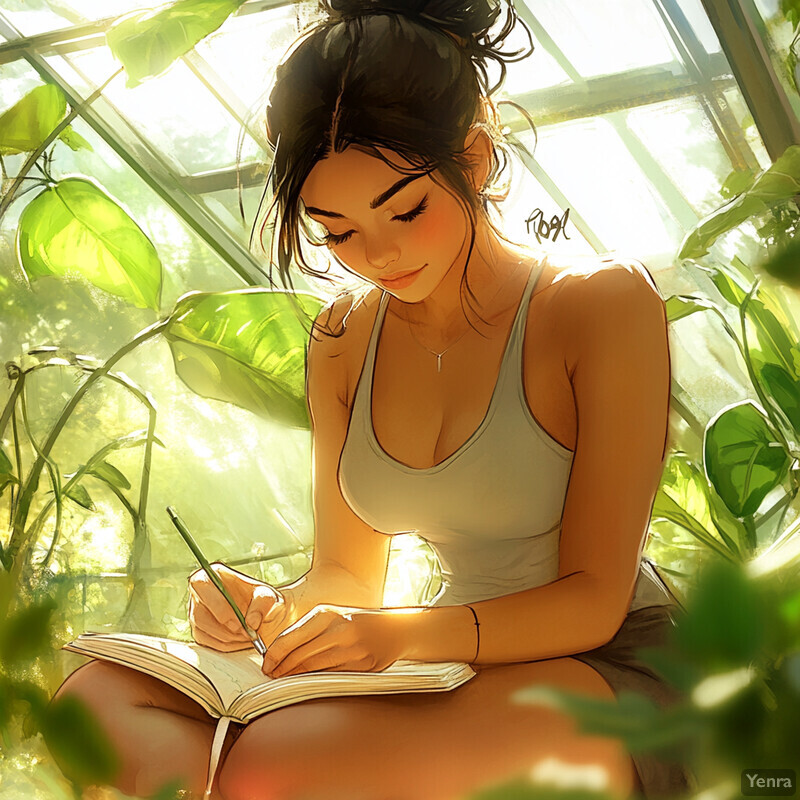 A woman sits in a greenhouse or conservatory, writing in a notebook surrounded by lush greenery and natural light.