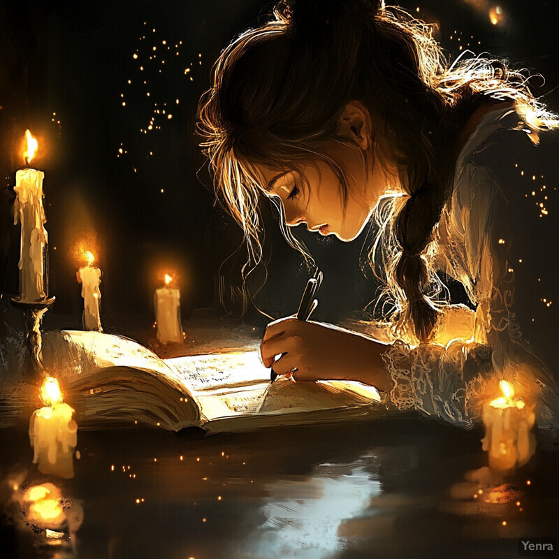 A young girl writes in a book by candlelight.