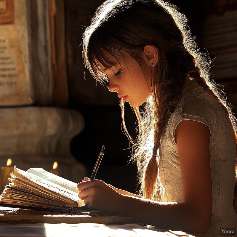 A young girl sits at a desk, intently focused on writing in a book with a pen