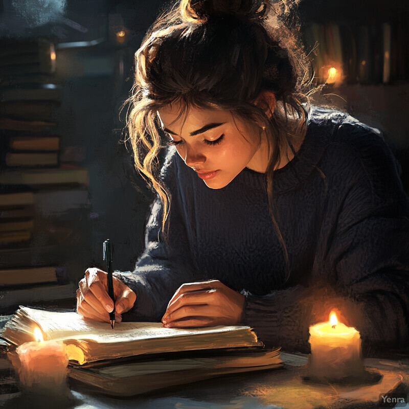 A woman writes by candlelight, surrounded by books and exuding a sense of quiet reflection and creative expression.