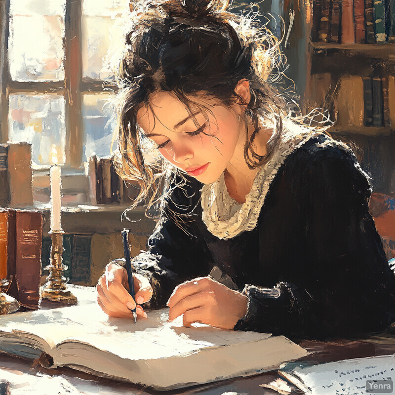 A woman sits at a desk, surrounded by books and papers, engrossed in writing with a blue pen.