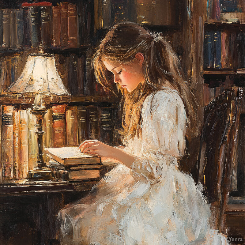 A young girl reads a book by a lamp in a room full of books