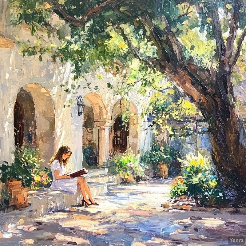 A woman reads on a stone bench outside a building with arched doorways and windows, surrounded by lush greenery.