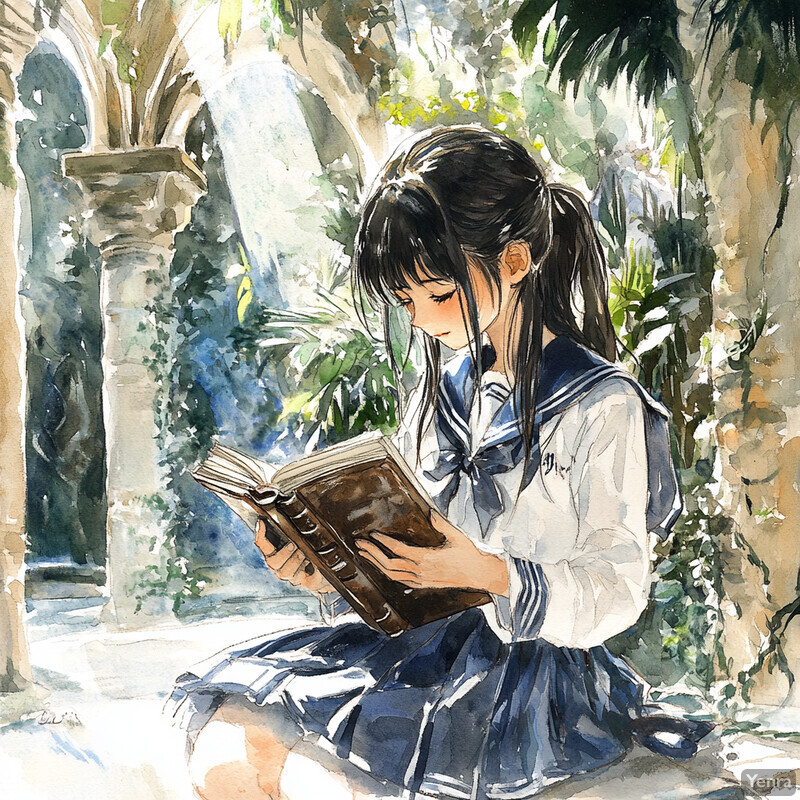 A young girl sits in an outdoor courtyard or garden, reading from a leather-bound book or notebook.