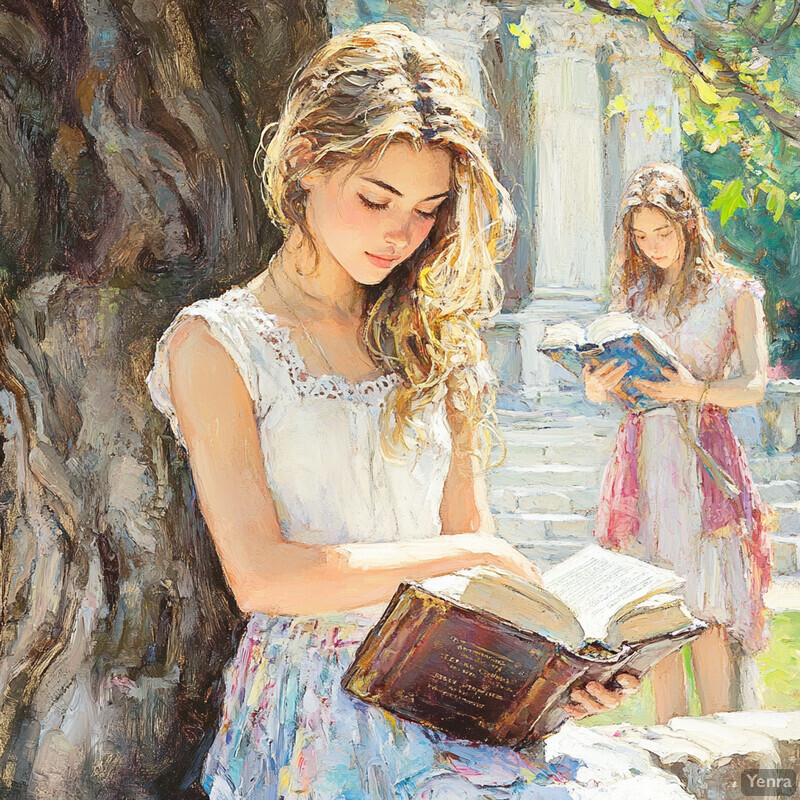 Two young women reading books in a serene courtyard setting