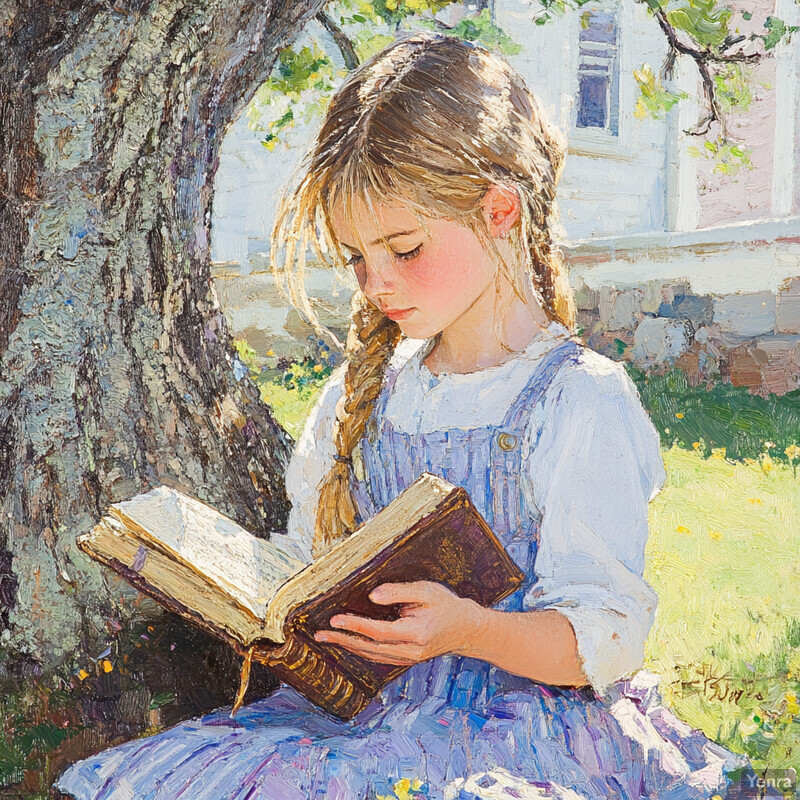 A young girl reads a book under a tree in a courtyard