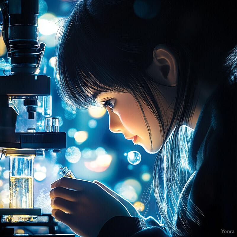 A woman examines a small vial in a laboratory setting.