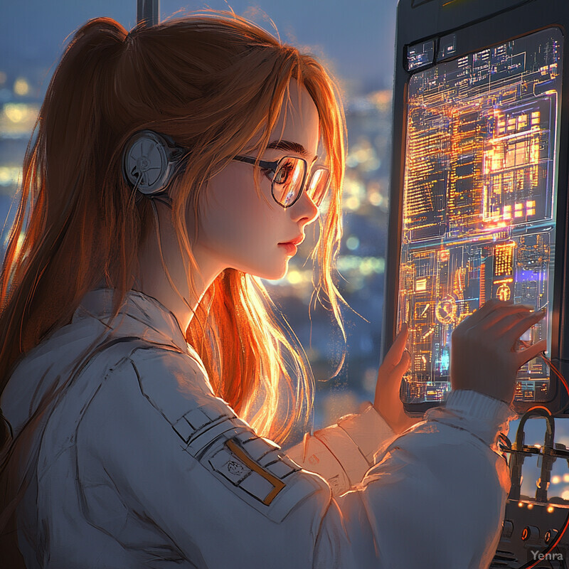 A woman in a lab coat examines a large screen displaying circuitry diagrams.