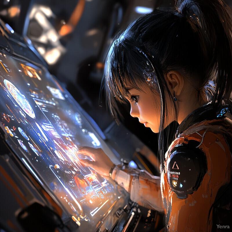 A young girl intently examines an object with intricate details and vibrant colors, surrounded by soft lighting in a dimly lit environment.