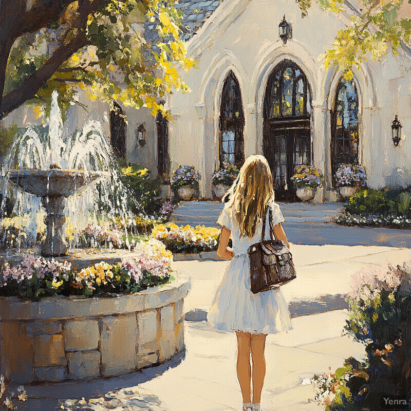 A woman contemplates by a fountain in front of a white building