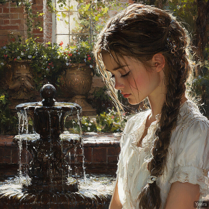 A young girl sits by a fountain in a serene garden setting.