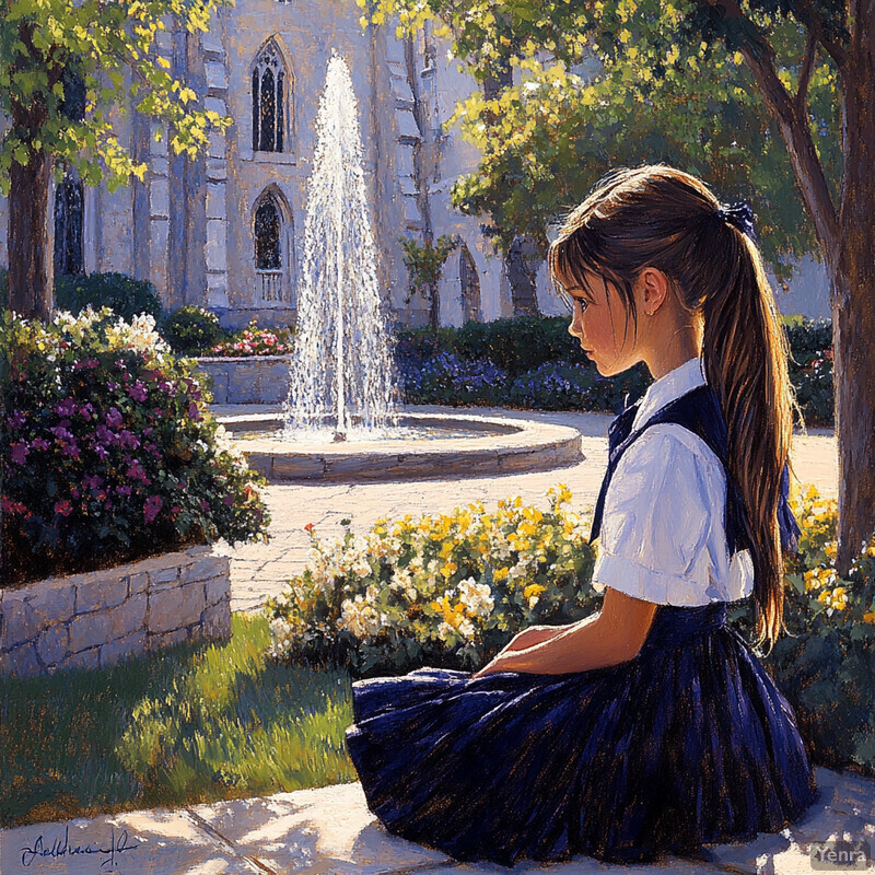 A young girl sits by a fountain in a garden, surrounded by lush greenery and vibrant flowers.