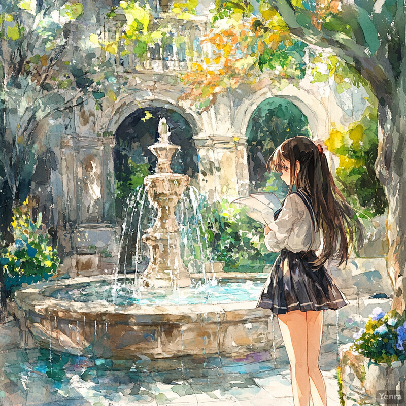 A young woman stands in front of an ornate fountain, surrounded by lush greenery and vibrant flowers, lost in thought or reading a book.