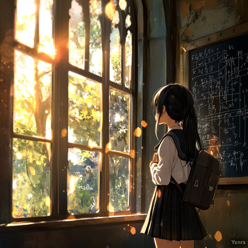 A young girl stands in front of a chalkboard, gazing out the window at lush greenery