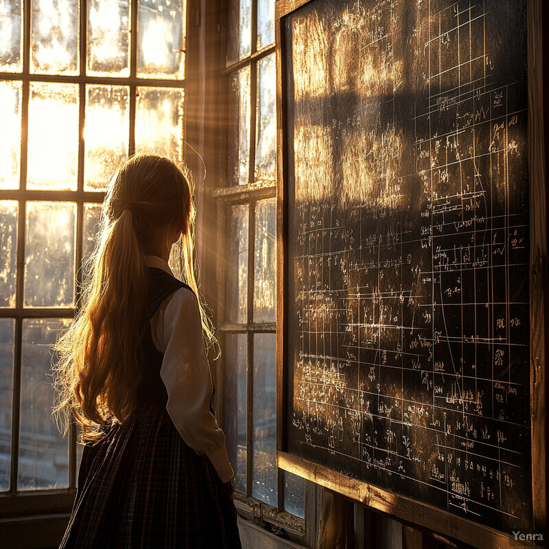 A young girl stands in front of a chalkboard covered in mathematical equations, lost in thought as she contemplates the formulas and graphs.