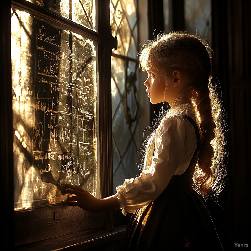 A young girl stands in front of a window, lost in thought.