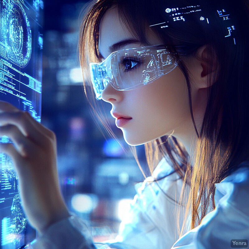 A woman wearing futuristic glasses with glowing blue lights and a holographic display on her forehead, surrounded by various objects in a high-tech laboratory or office setting.