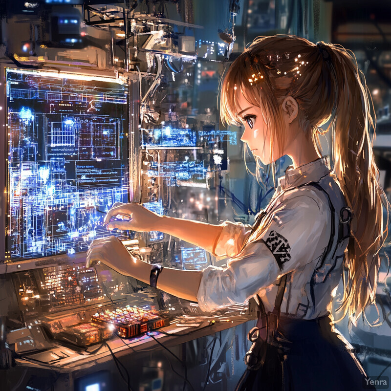 A young woman examines a small object in a cozy room with a cityscape view.