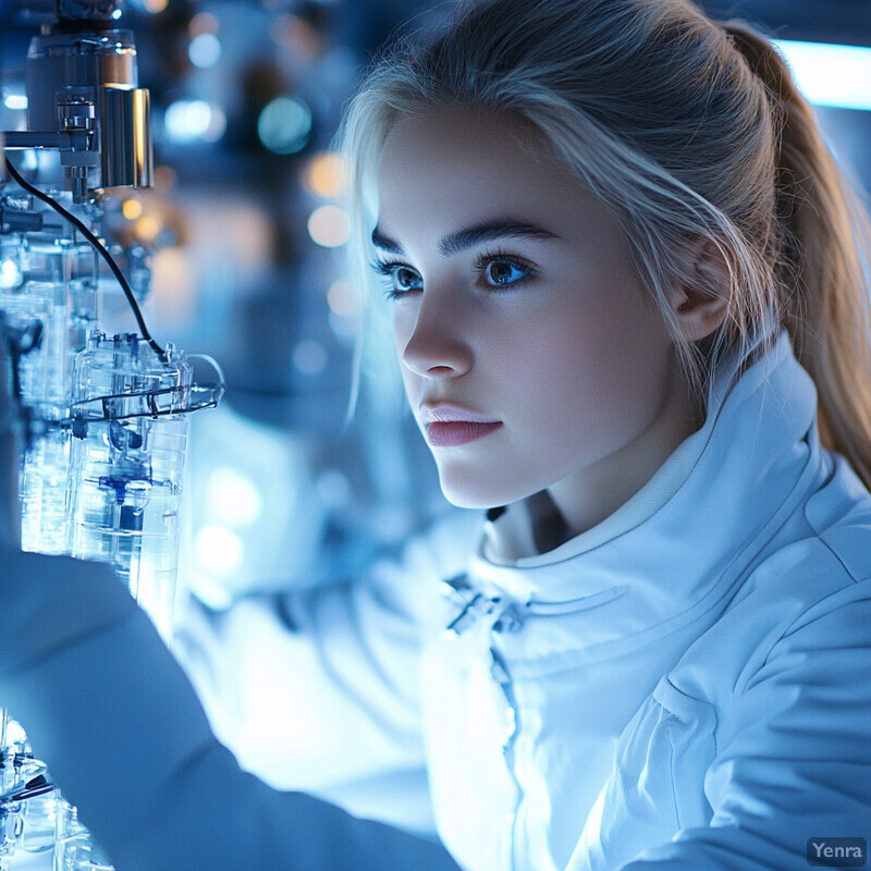 A woman examines a glass container filled with a clear liquid in a laboratory setting.