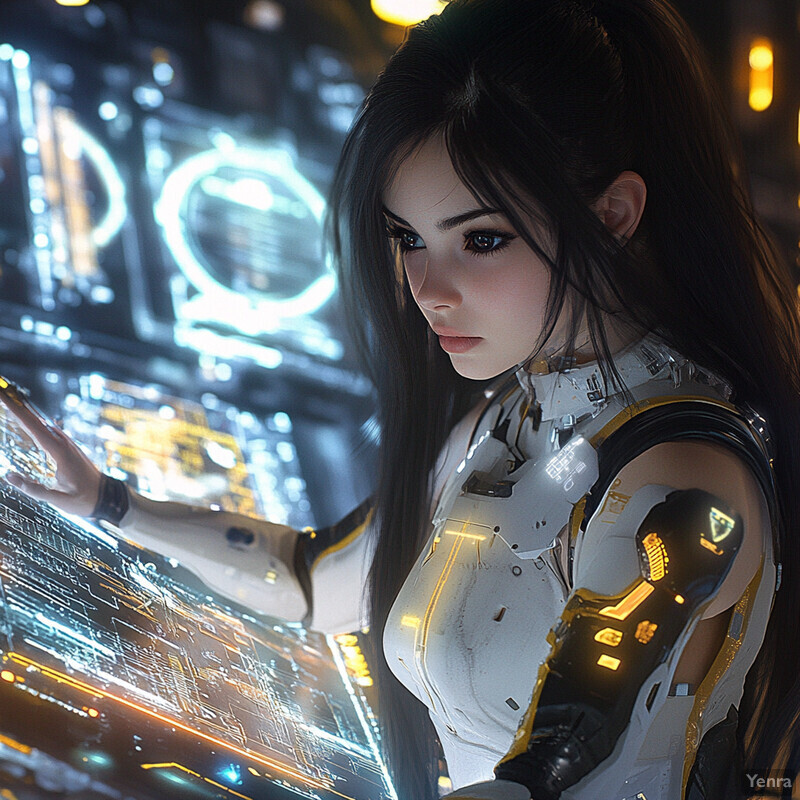 A woman examines a holographic screen displaying circuitry patterns or graphs in a high-tech laboratory setting.