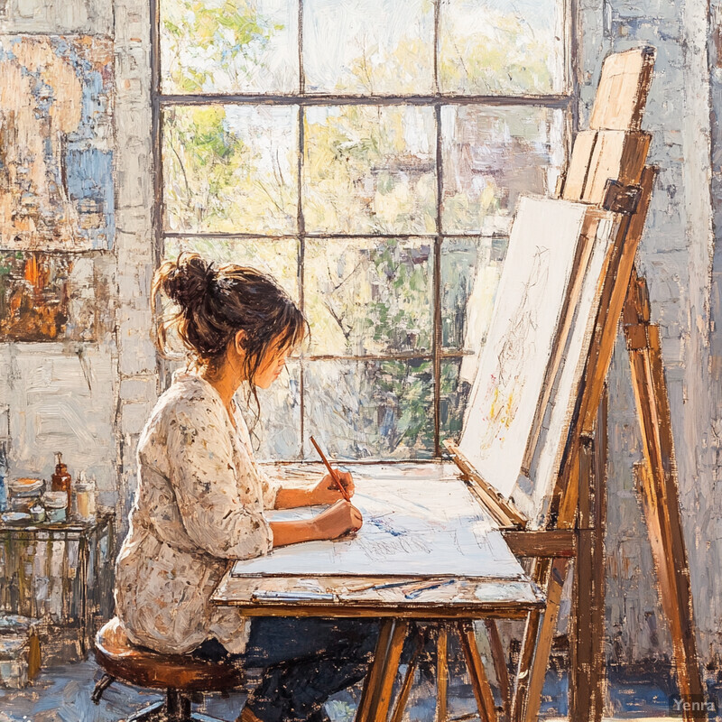 A woman sits at an easel in front of a large window, painting or drawing.