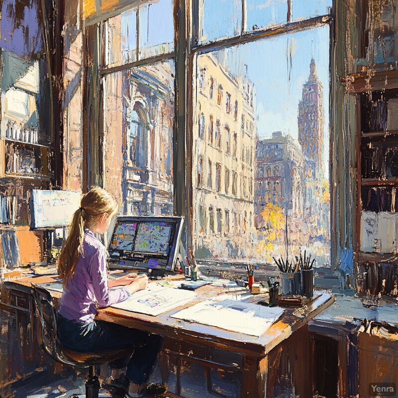 Woman sketching or painting at desk with city view