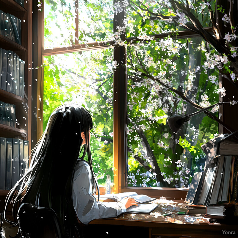 A young woman sits at a desk in front of a large window, engrossed in reading or studying.