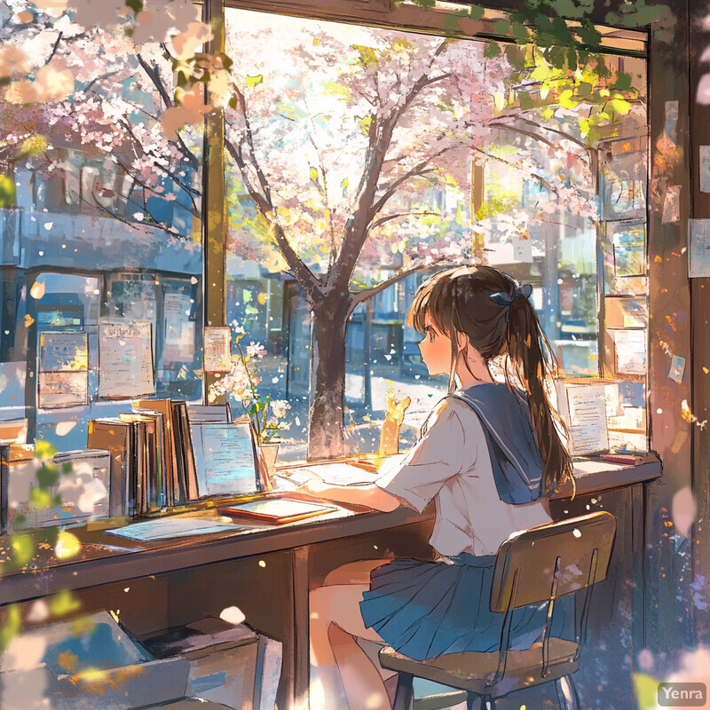 A young girl sits at a desk in front of a window surrounded by cherry blossom trees.