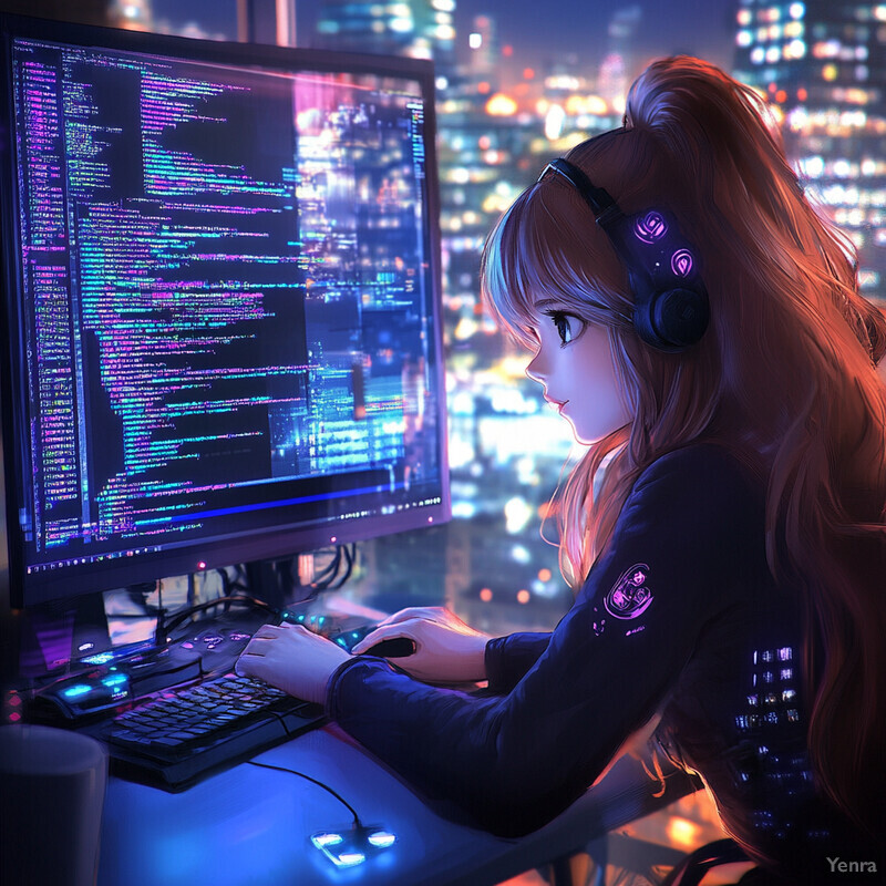 A young woman is intently focused on her computer screen, with a cityscape visible in the background through a window behind her.