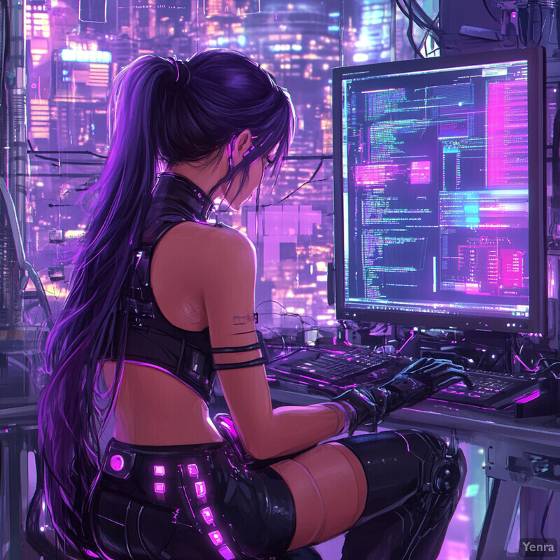 Woman working on her computer in a futuristic setting