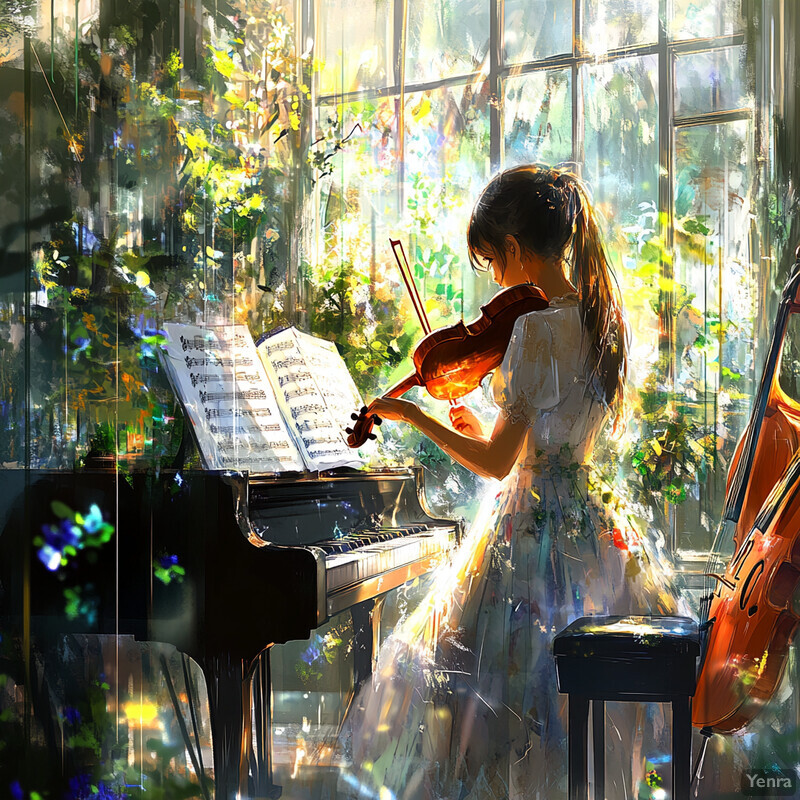 A woman plays the violin in a sunlit room surrounded by lush greenery.