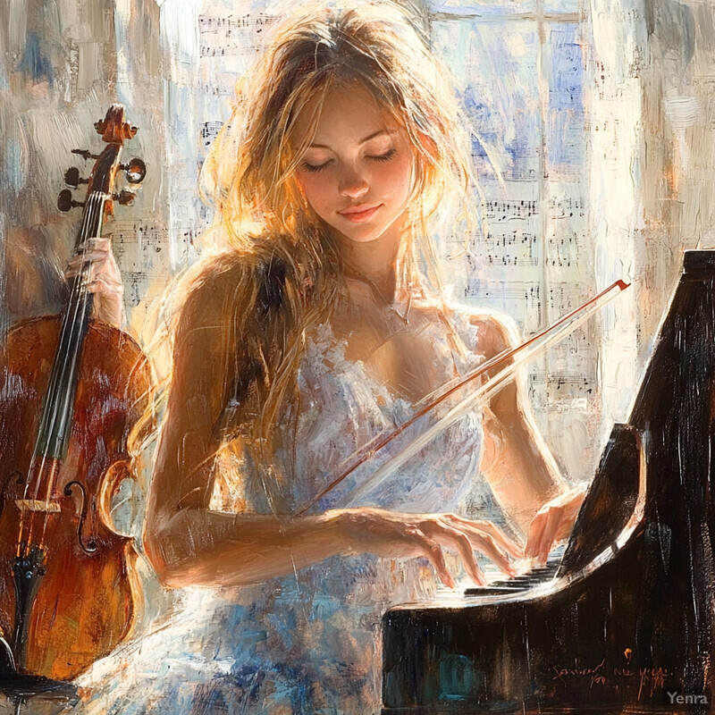 A young woman plays the piano accompanied by a cello in a serene atmosphere.