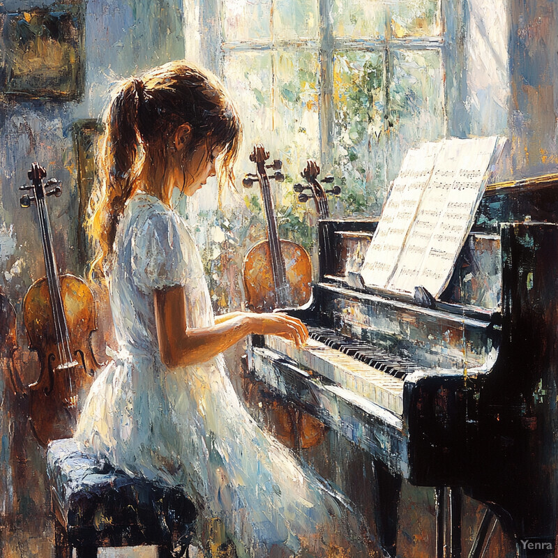 A young girl plays the piano in front of a window, surrounded by her violin and cello instruments