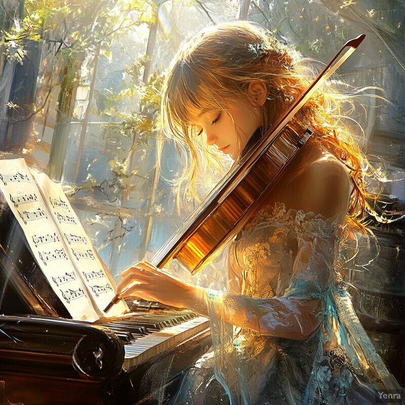 A serene scene of a woman playing the piano with her violin slung over her shoulder.