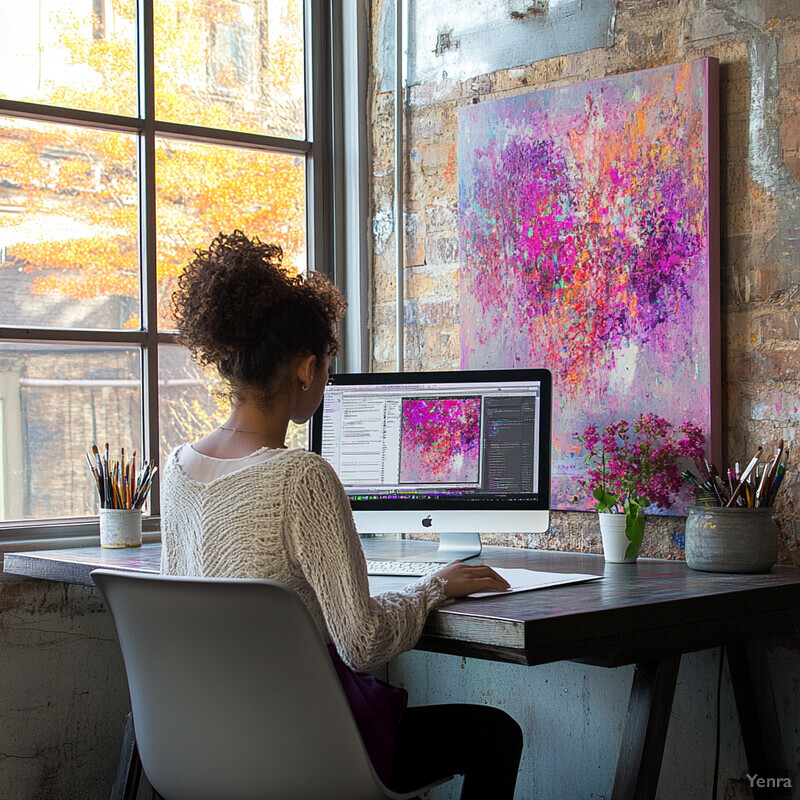 A woman sitting at a desk in front of an Apple computer monitor, engaged in work or leisure activities.