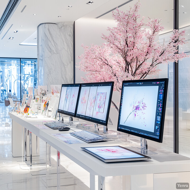 Modern office or studio with computer monitors, pens, pencils, and a cherry blossom tree