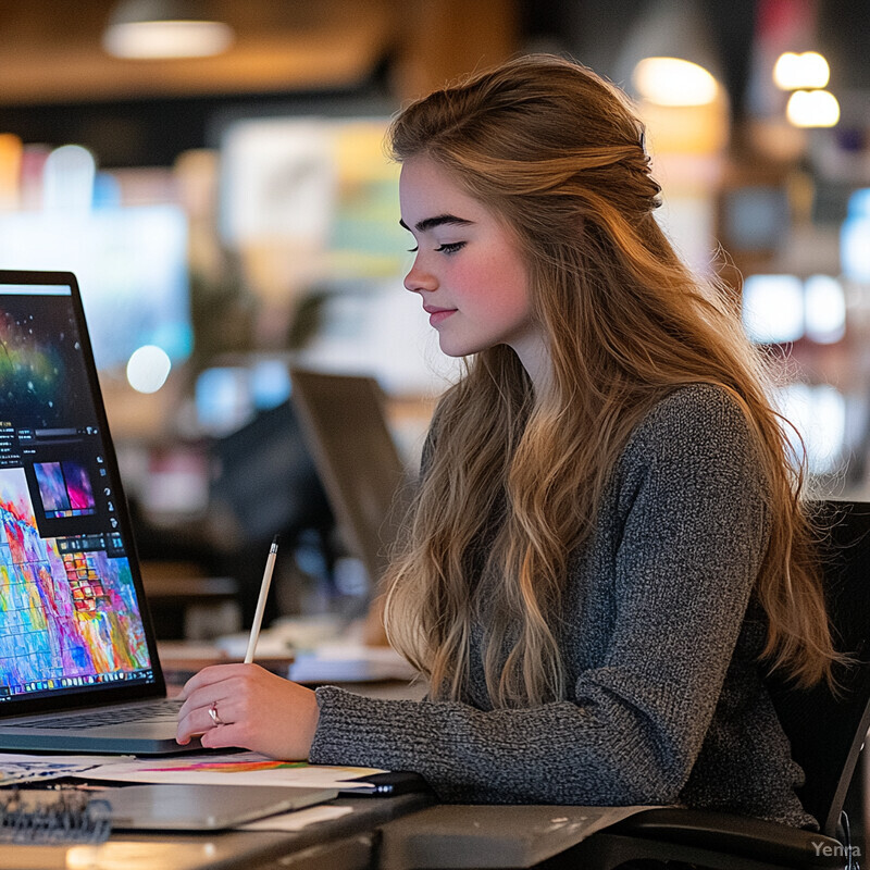 A young woman sits at a desk working on her laptop in a home office setting