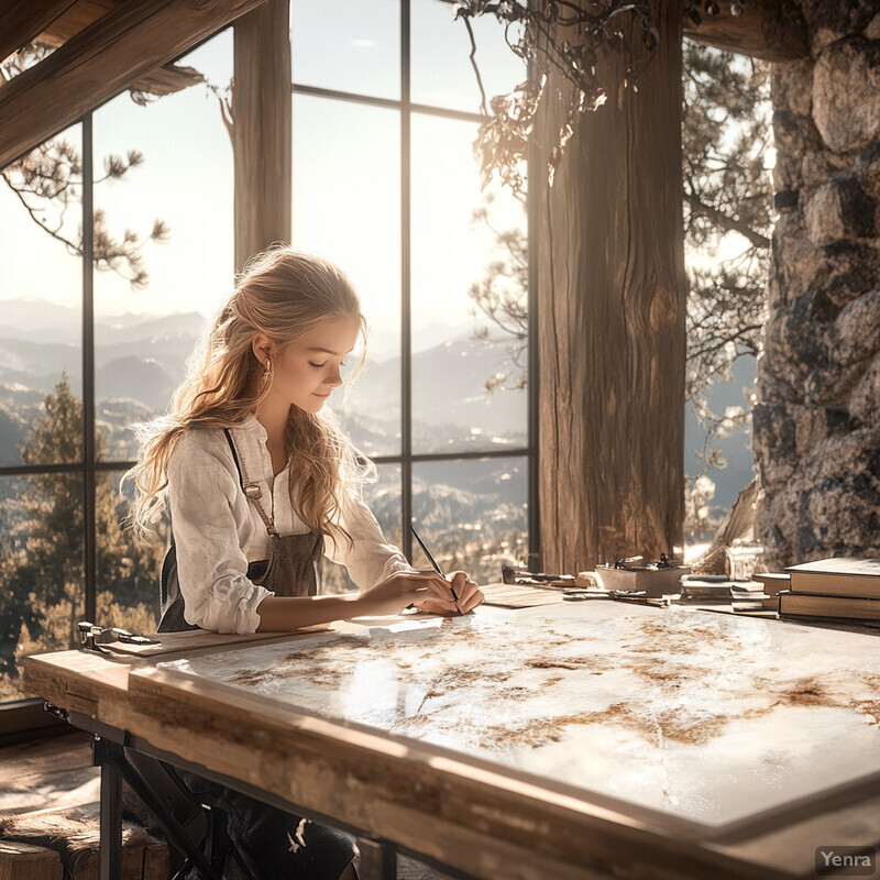 A woman works at a desk in front of a large window with a scenic view.