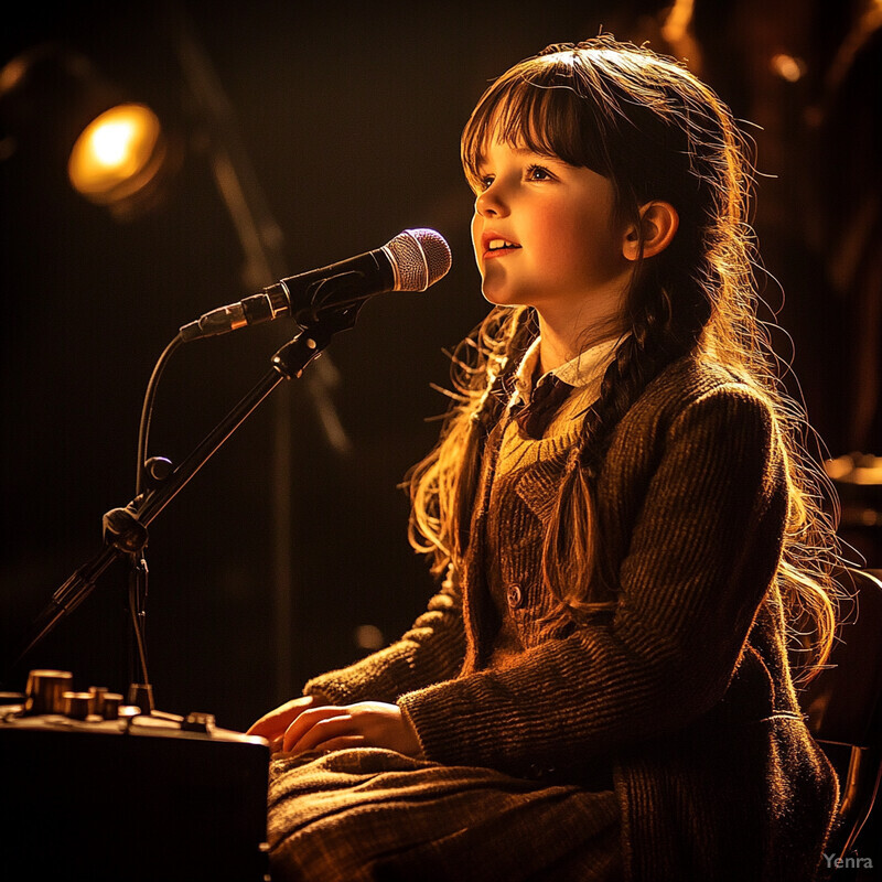 A young girl plays the piano and sings into a microphone in a dimly lit room.