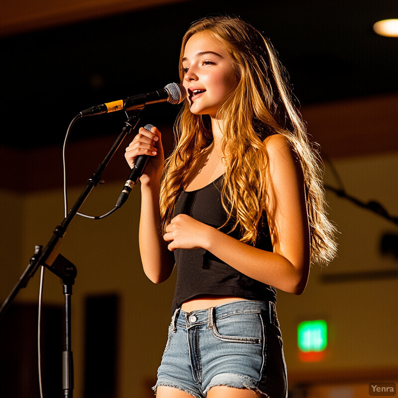 A young woman with long blonde hair sings into a microphone on stage or at an open mic night.