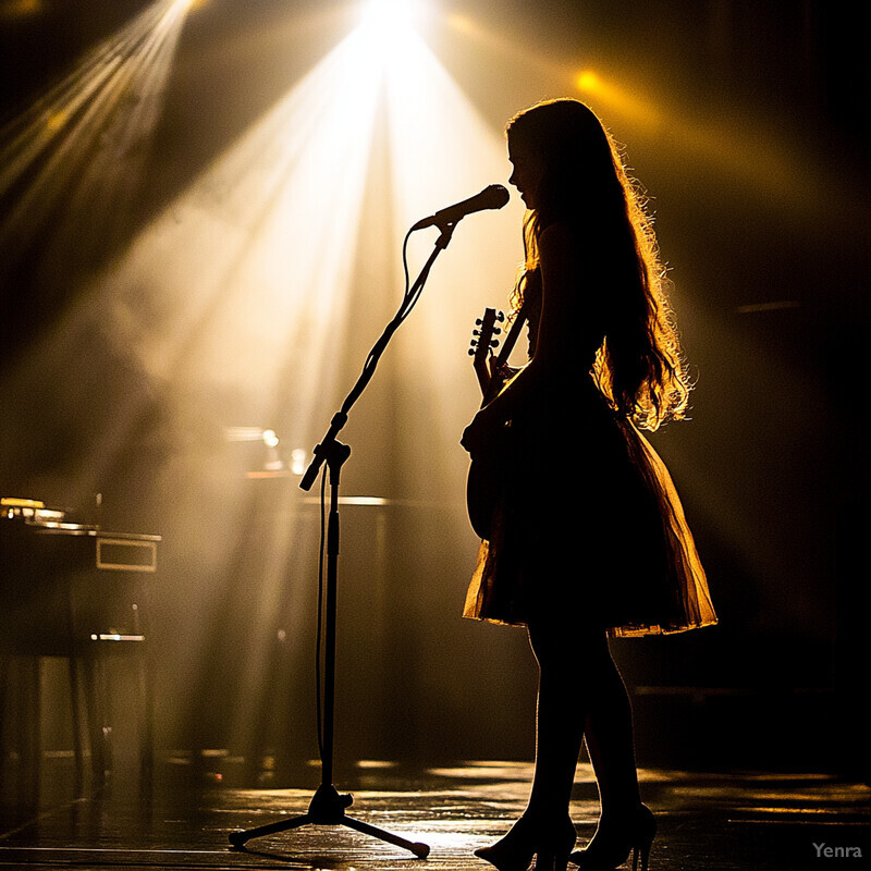 A silhouette of a woman holding an acoustic guitar and microphone on stage at a concert or performance