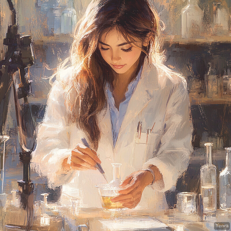 A woman in a white lab coat works with chemicals in a laboratory setting