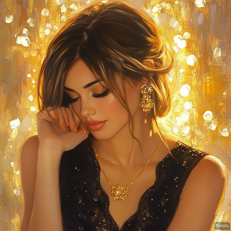 An oil painting of a woman with long brown hair, wearing a black sleeveless top and adorned with gold jewelry, set against a warm golden background.