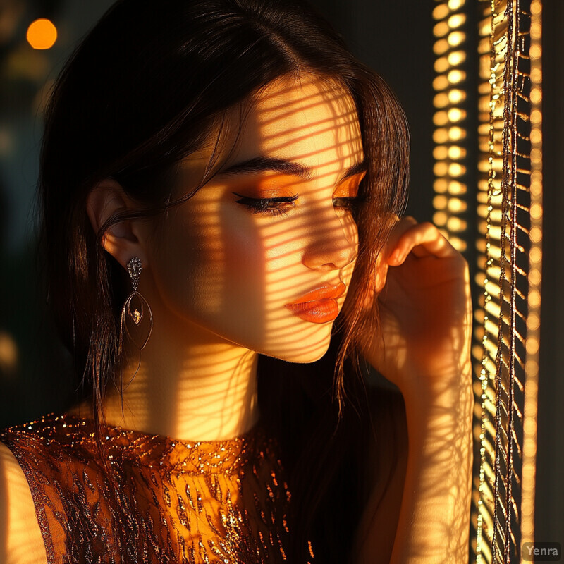 A woman in an orange dress with gold embroidery looks towards the right side of the frame.