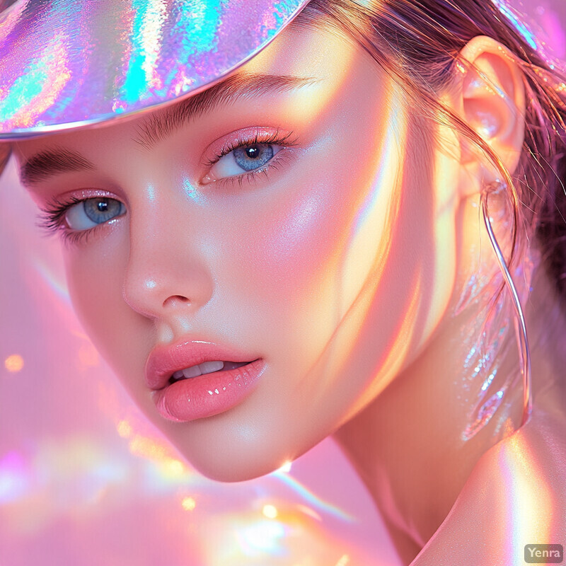 A woman with fair skin and blue eyes wears a holographic cap and pinkish-purplish lip gloss in front of a colorful background.