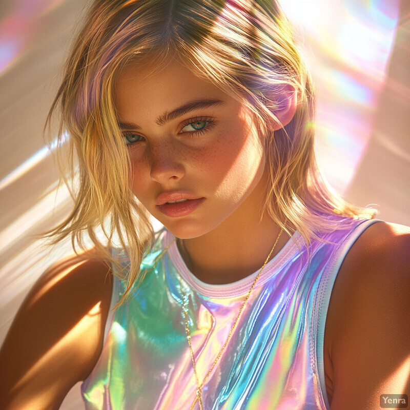 A young woman with blonde hair and blue eyes wears an iridescent top and gazes directly at the camera in a serene indoor setting.